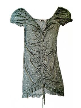 Liberty Love Olive Green Ruched Midi Dress with Tiny Floral Print